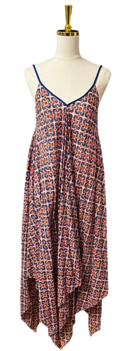 Roberta Roller Rabbit Blue Orange Tile Print Dress Handkerchief Hem One Size